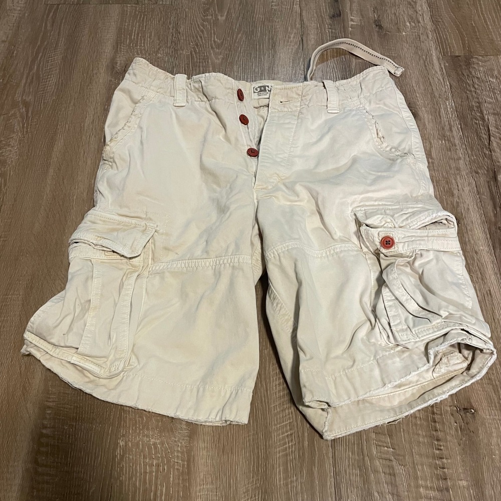 G&N Mens Cargo Shorts Size 32 Beige Cotton Distressed Heavy Twill Button Fly